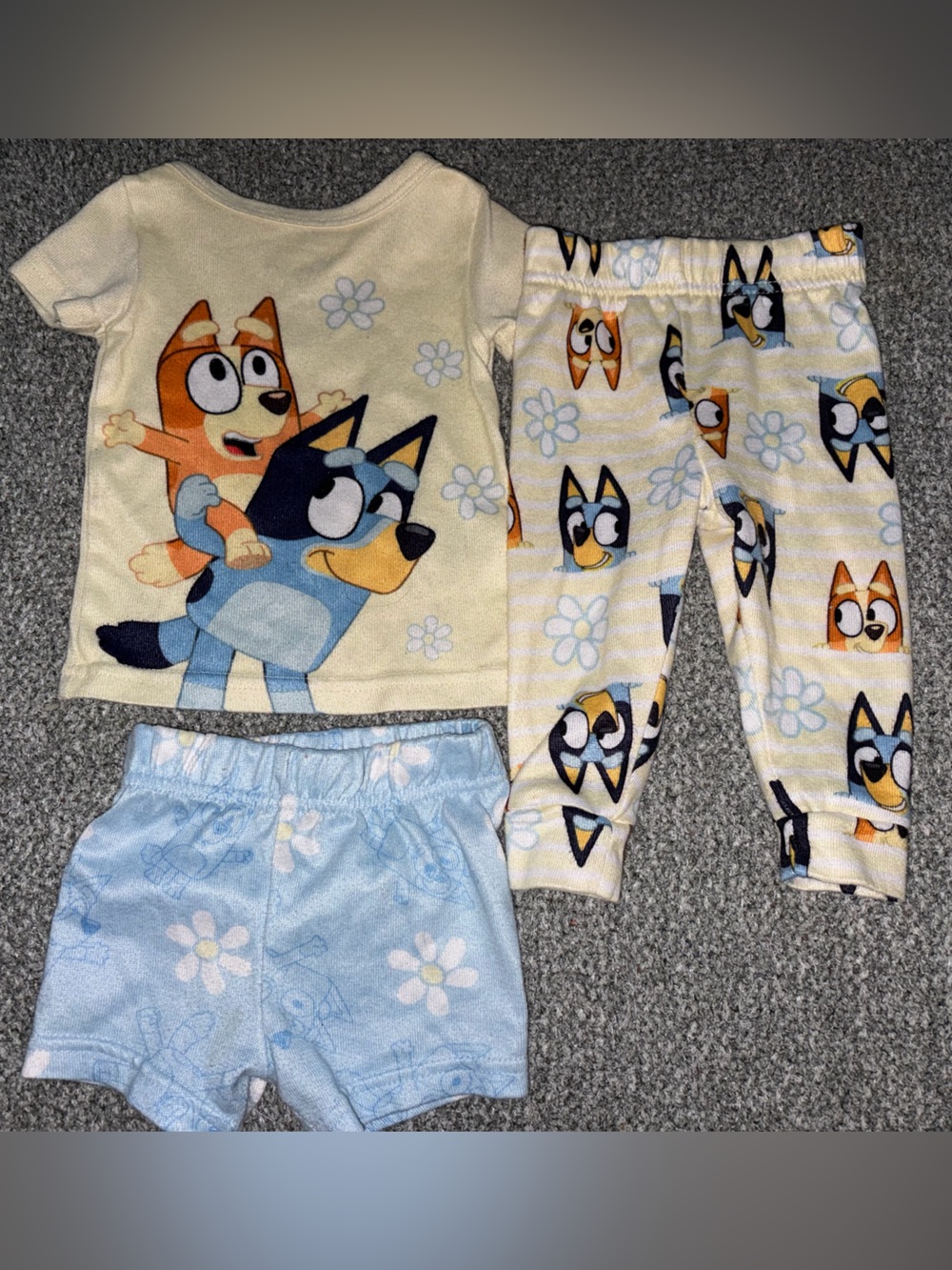 Bluey Yellow & Light Blue Kids Pajama Set - 3-Piece Top Shorts Pants